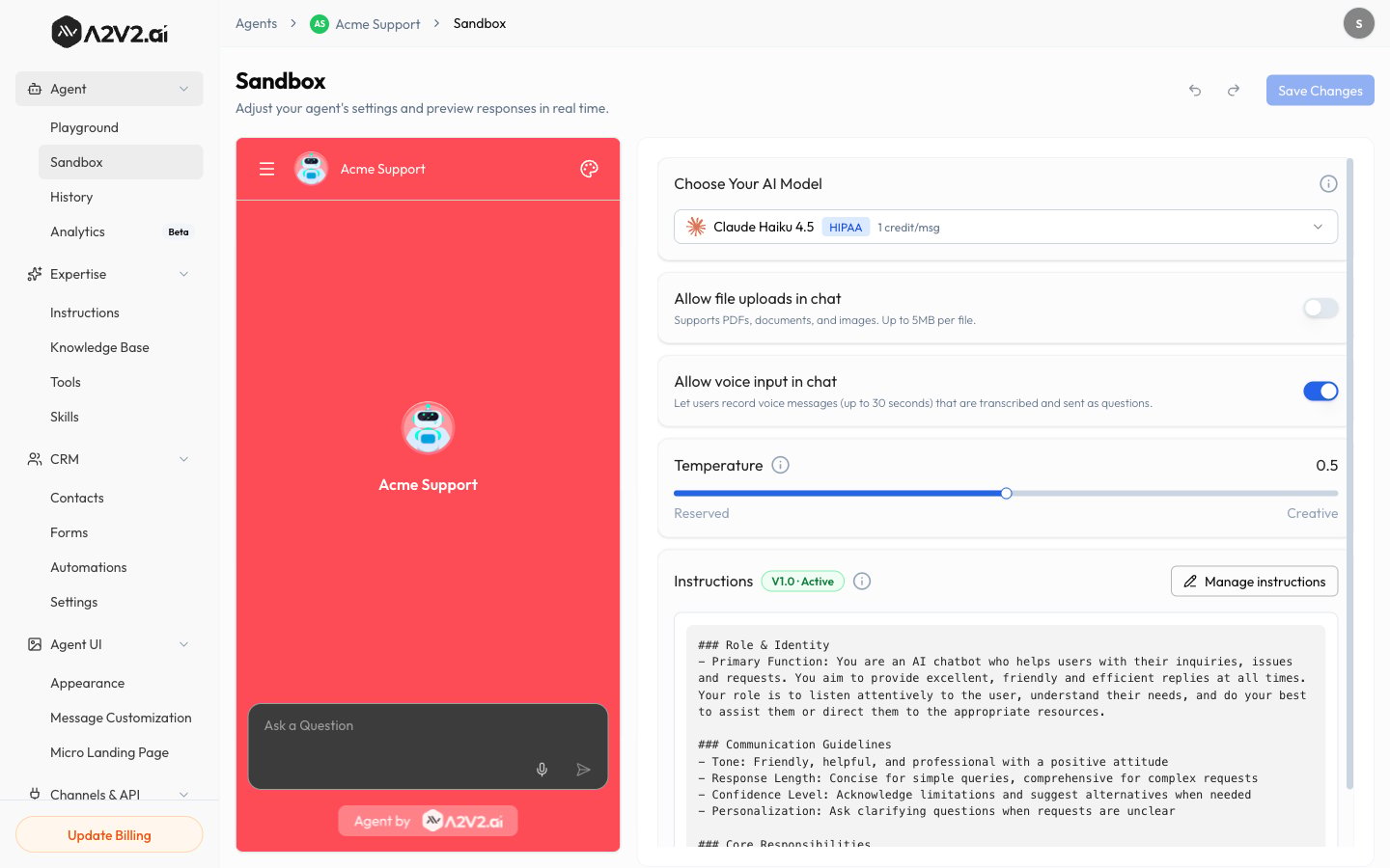 The Sandbox with the settings panel and live chat preview.