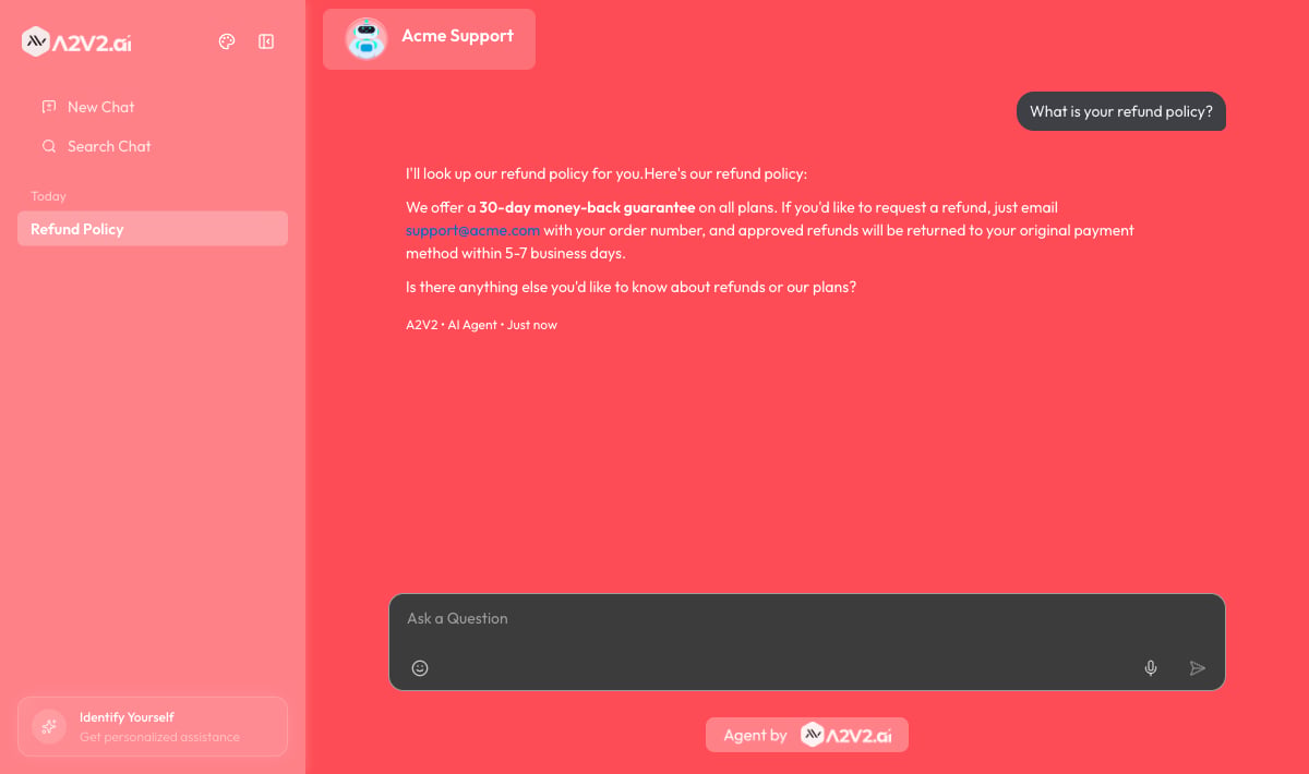The visitor chat window showing the header, an assistant answer, and the message input bar