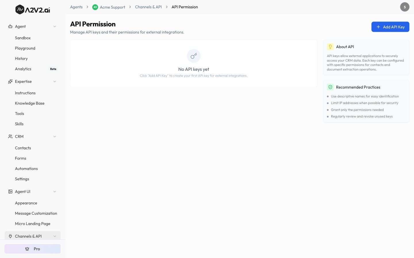 API Permission screen with the Add API Key button and an empty 'No API keys yet' state