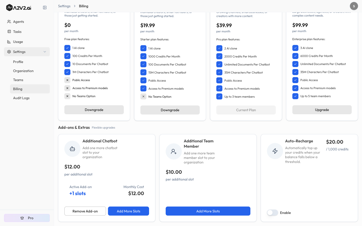 Billing Add-ons & Extras — Additional Chatbot (with an active +1 slots add-on and monthly cost), Additional Team Member, and Auto-Recharge cards