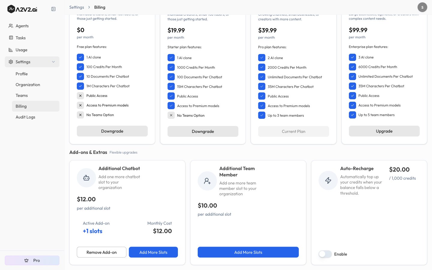Billing Add-ons & Extras — Additional Chatbot (with an active +1 slots add-on and monthly cost), Additional Team Member, and Auto-Recharge cards