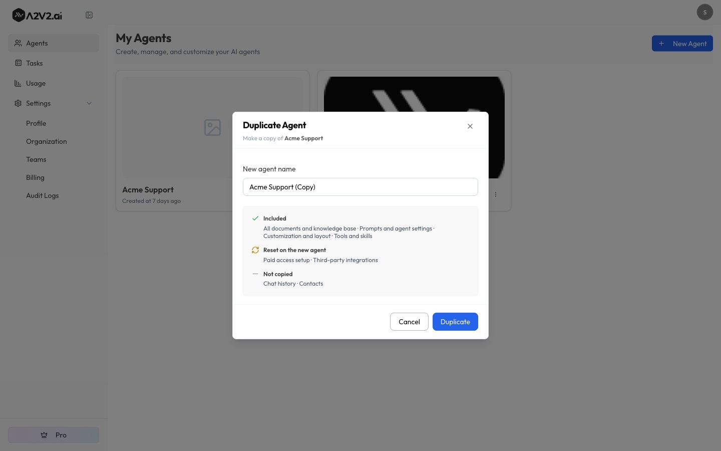 Duplicate Agent dialog with the New agent name field and the Included, Reset, and Not-copied disclosure