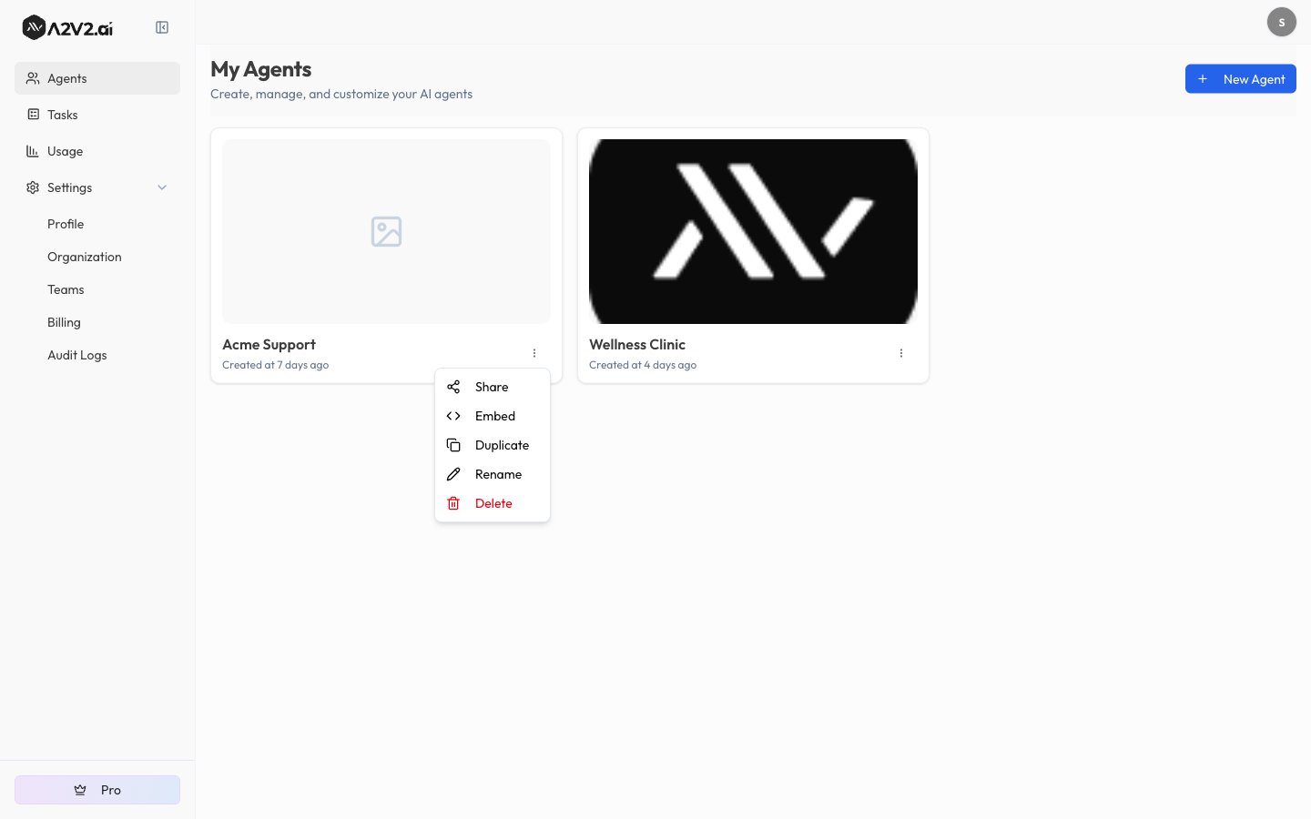 Agent card overflow menu showing Share, Embed, Duplicate, Rename, and Delete