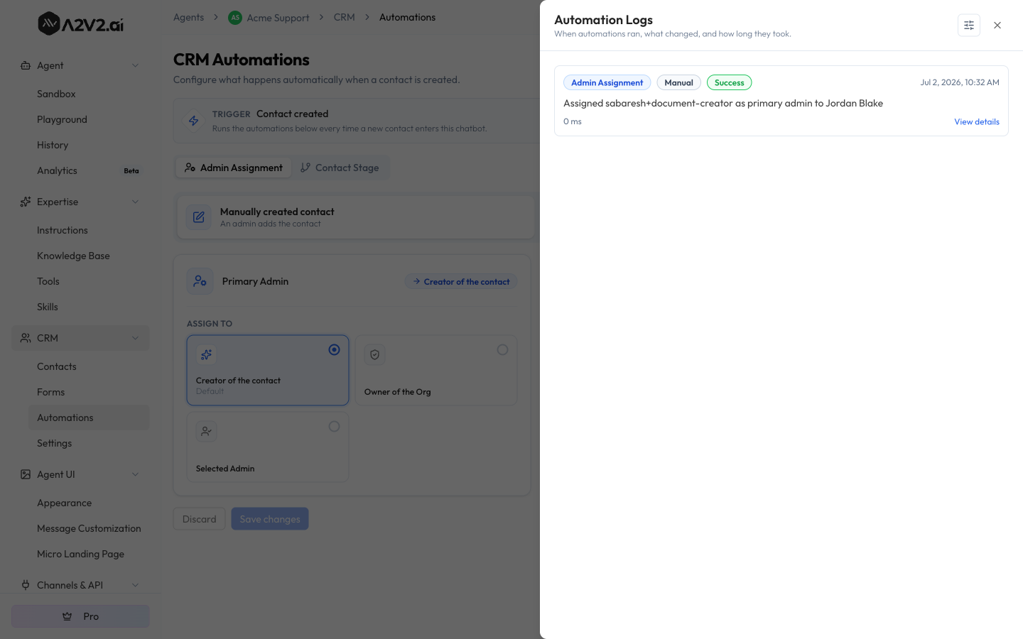 Automation Logs drawer showing an Admin Assignment run with a Success status, timestamp, and View details link