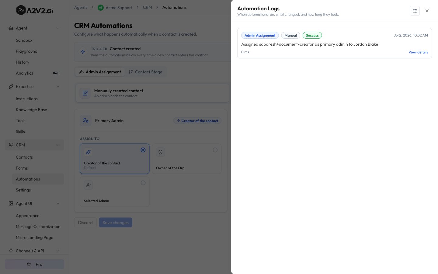 Automation Logs drawer showing an Admin Assignment run with a Success status, timestamp, and View details link