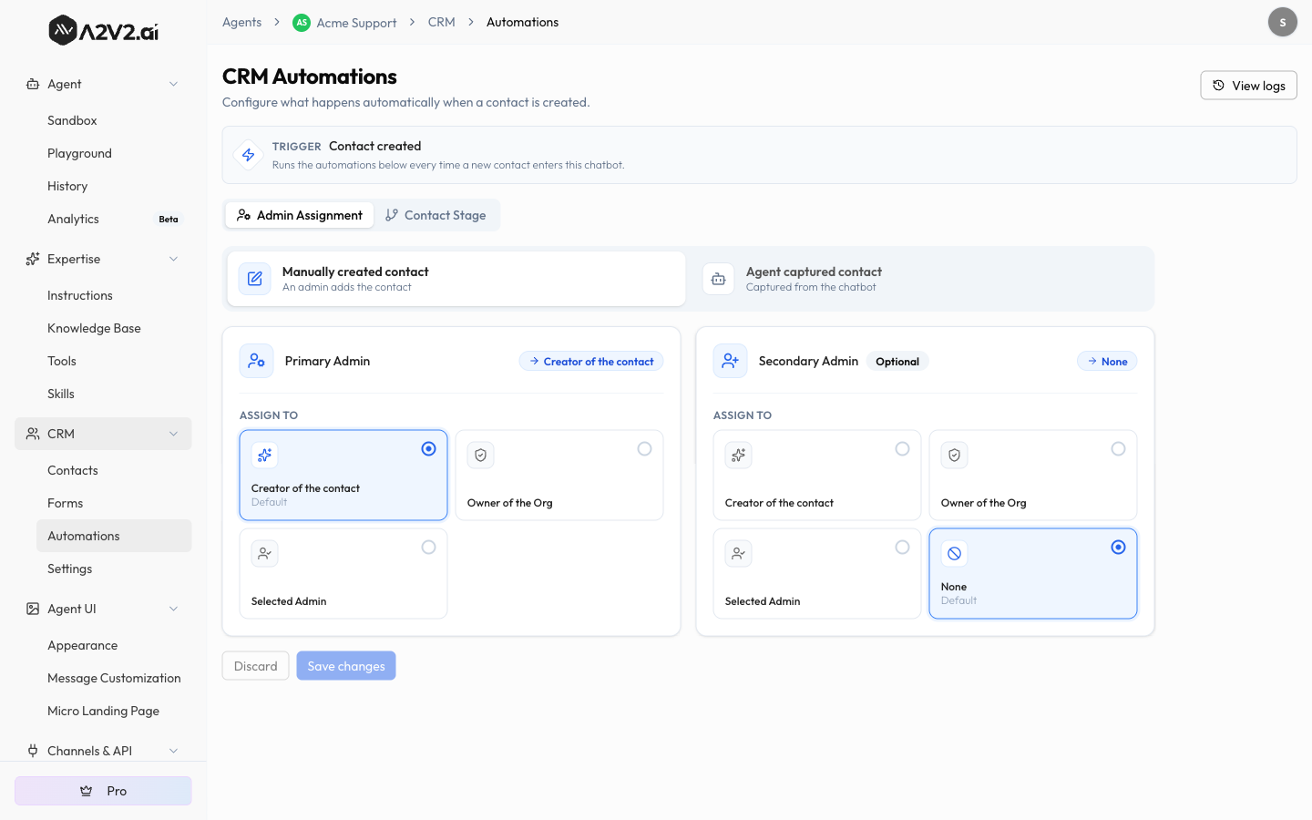 CRM Automations page showing the Contact created trigger and the Admin Assignment and Contact Stage tabs