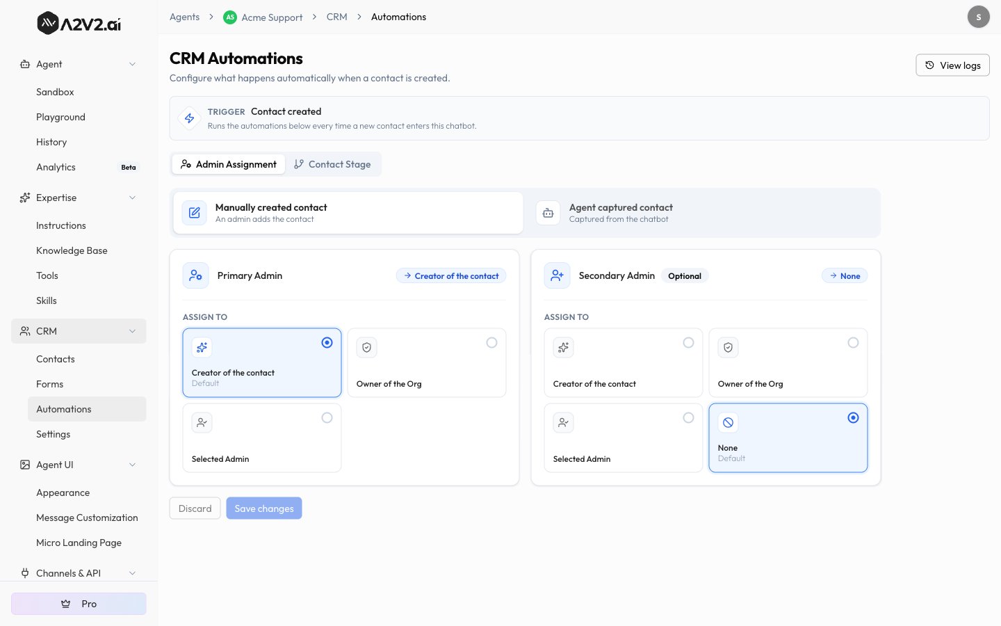 CRM Automations page showing the Contact created trigger and the Admin Assignment and Contact Stage tabs