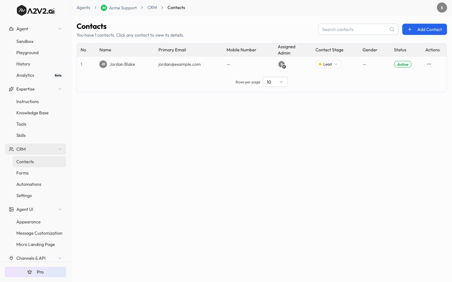 CRM Contacts list with a demo contact, showing Name, Primary Email, Assigned Admin, Contact Stage, and Status columns