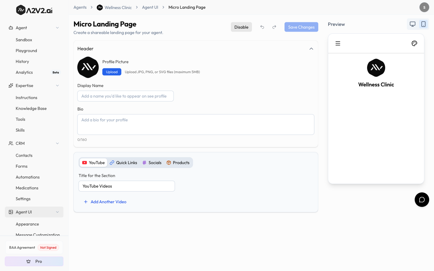 The Micro Landing Page editor with the Header and Bio at the top, the YouTube, Quick Links, Socials, and Products section tabs, and the live preview on the right.