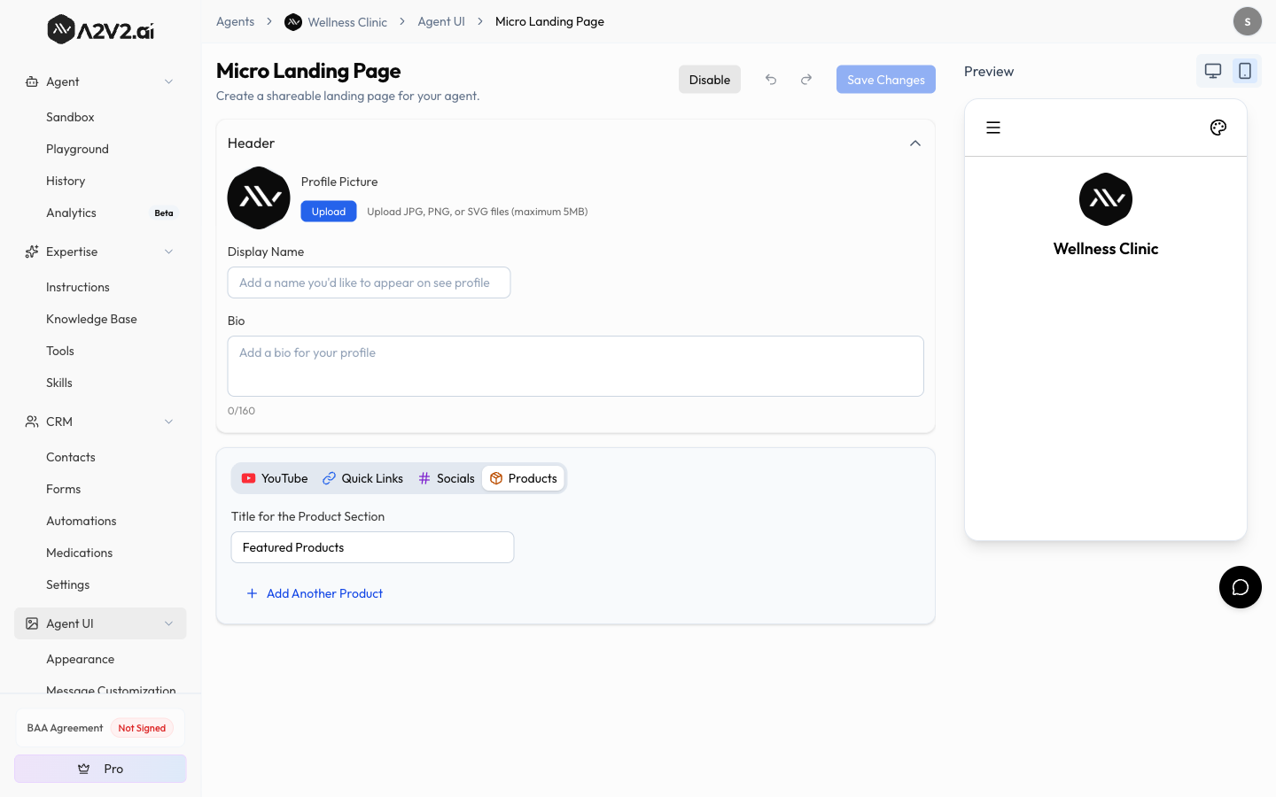Micro Landing Page editor with the Products section selected — section title and Add Another Product action