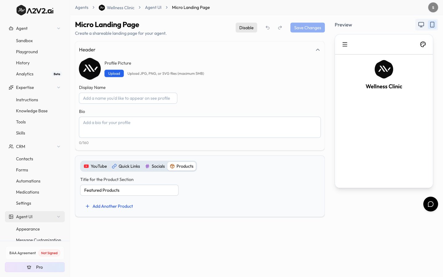 Micro Landing Page editor with the Products section selected — section title and Add Another Product action