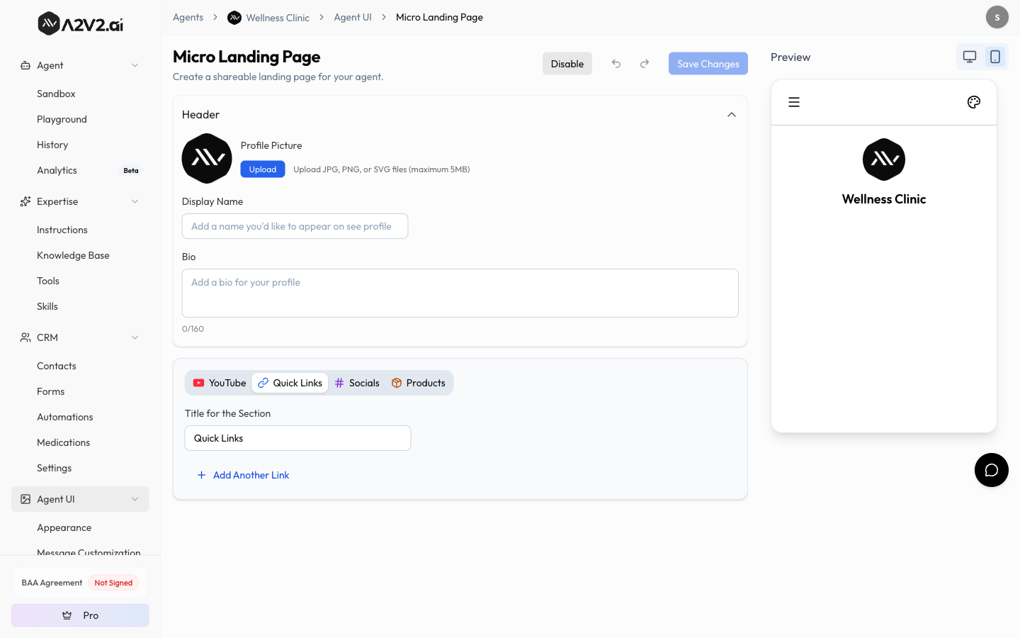 Micro Landing Page editor with the Quick Links section selected — section title and Add Another Link action