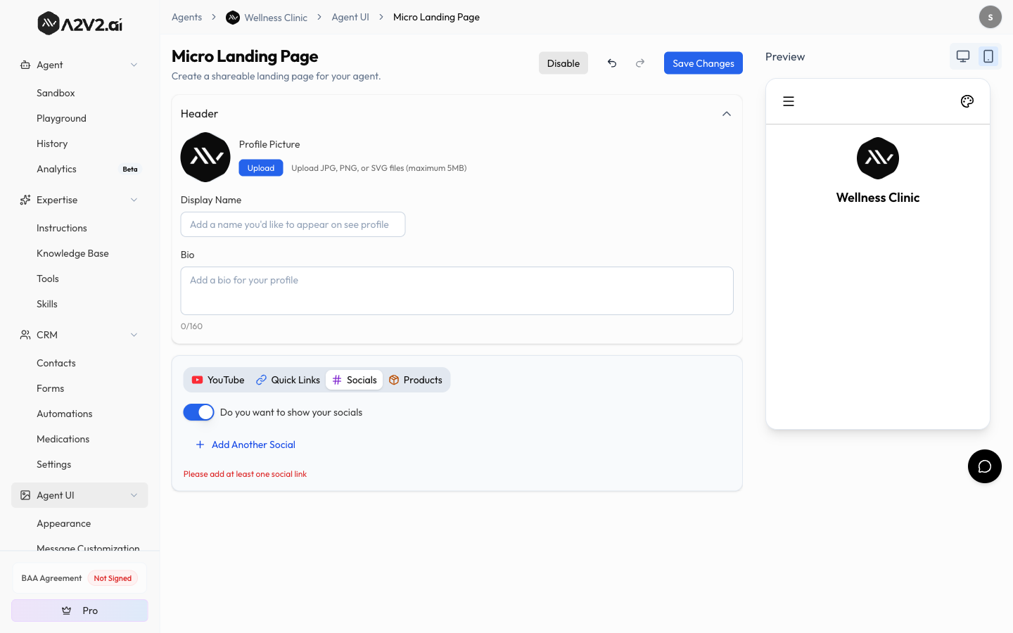 Micro Landing Page editor with the Socials section — the 'Do you want to show your socials' toggle enabled and the Add Another Social action