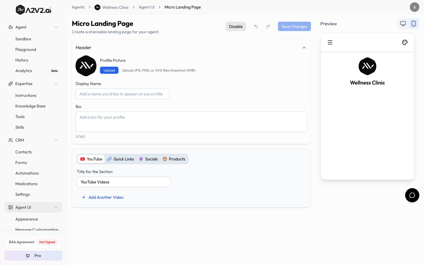 Micro Landing Page editor with the YouTube section — section title field and Add Another Video, alongside the Header and live preview
