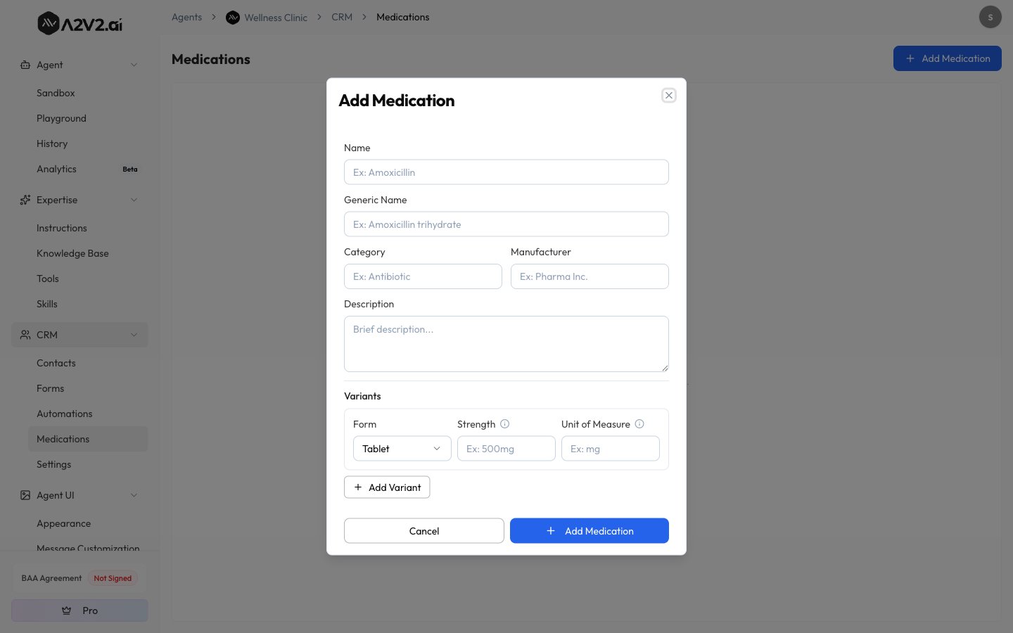 Add Medication modal with Name, Generic Name, Category, Manufacturer, Description, and the Variants editor (Form, Strength, Unit of Measure)