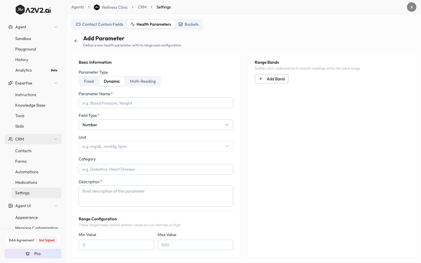 Add Parameter form showing Parameter Type, Name, Field Type, Unit, Category, and Range Bands