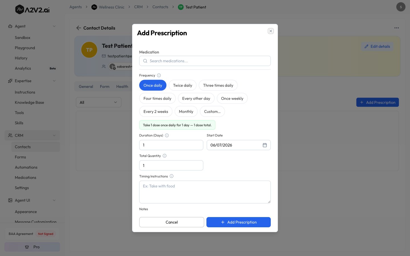 Add Prescription modal with medication search, frequency options, duration, total quantity, and a live plain-English preview sentence