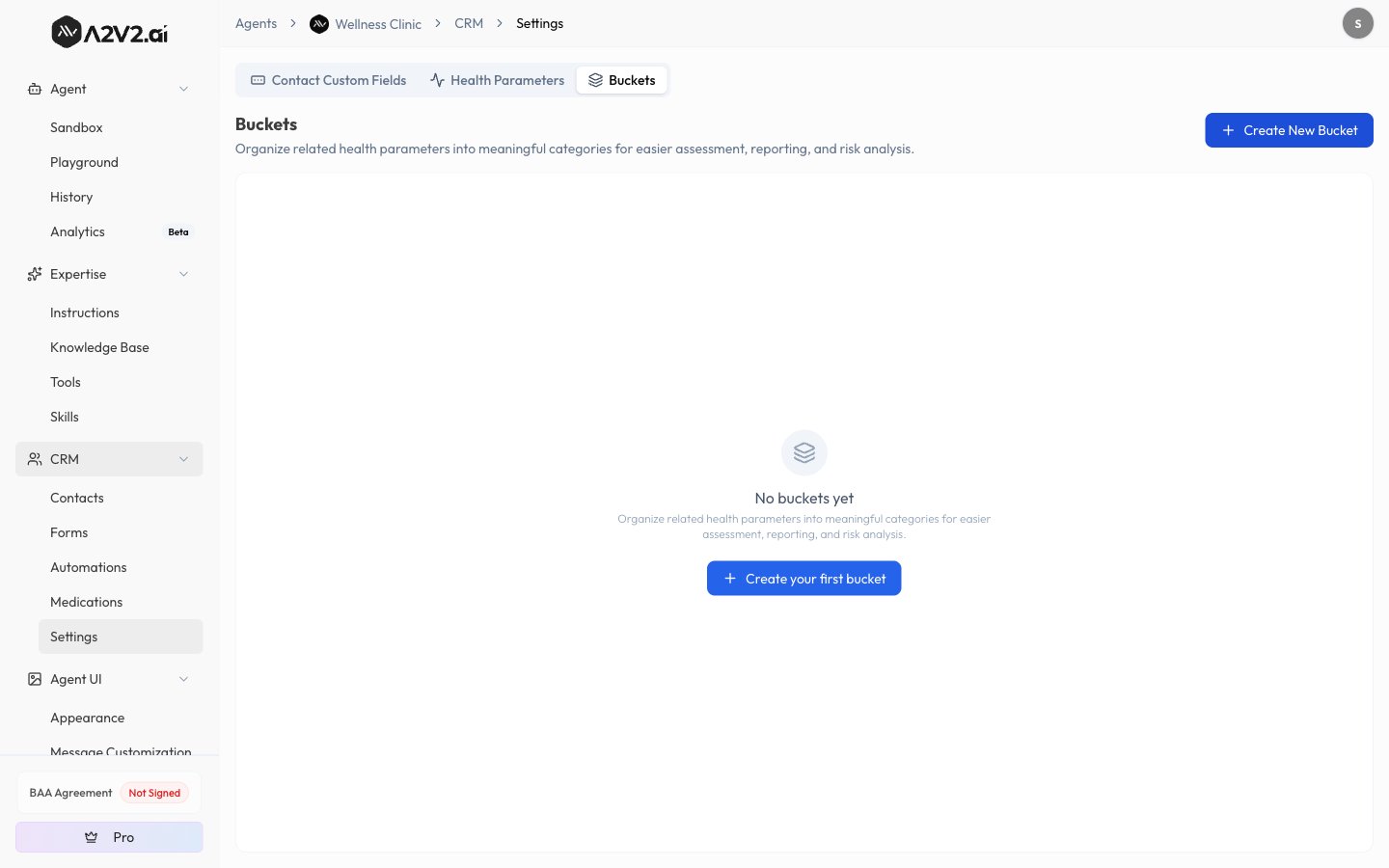 Buckets settings tab with the empty state and the Create New Bucket button