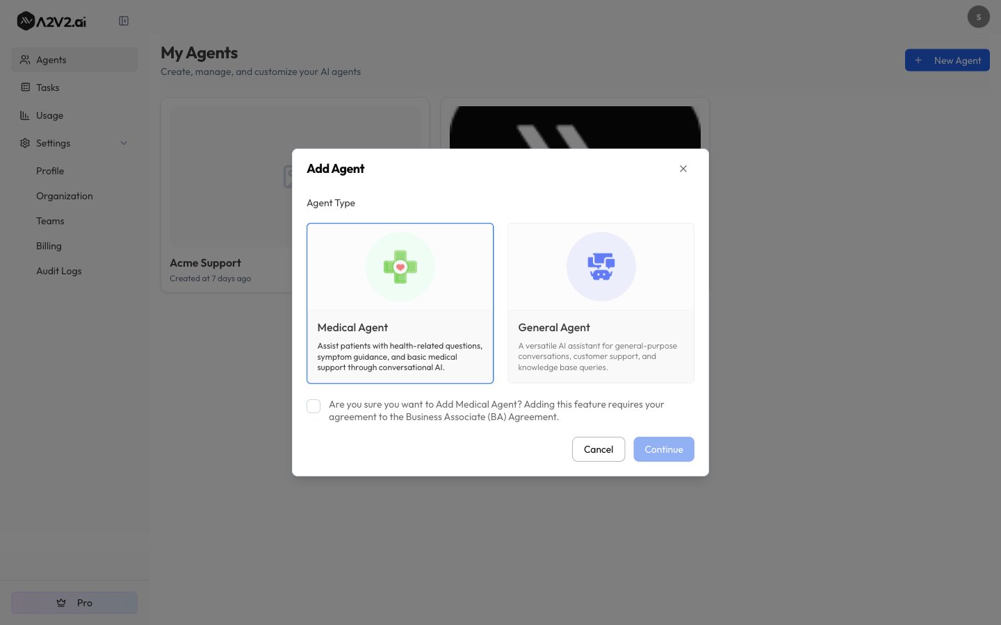 Add Agent dialog with Medical Agent selected and the Business Associate Agreement acknowledgment checkbox below