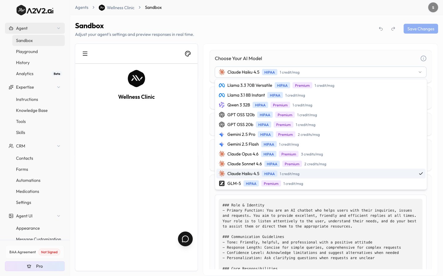 Sandbox model selector on a Medical Agent, with every model in the list carrying a HIPAA badge and Claude Haiku 4.5 selected