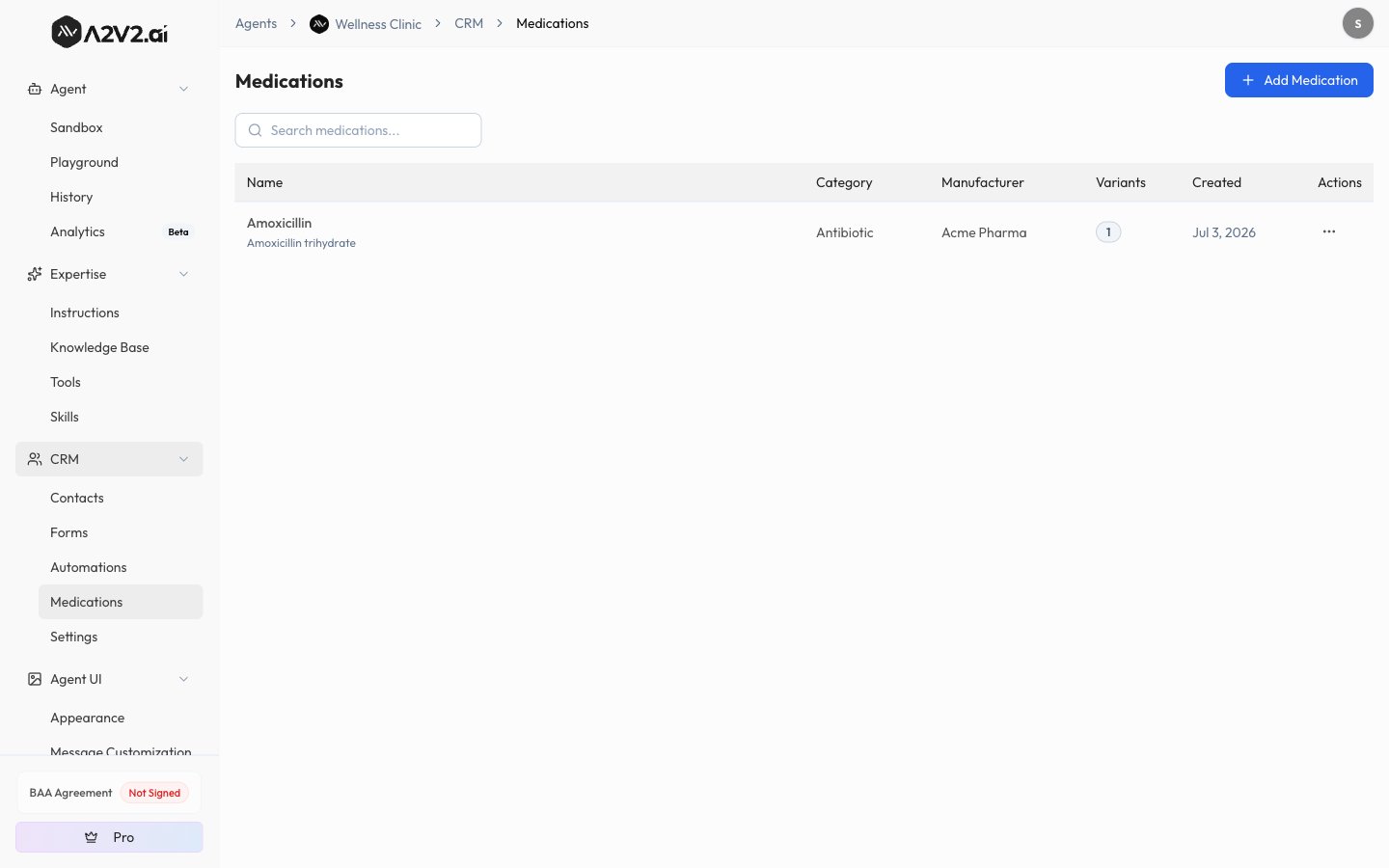 Medications catalog list with Name, Category, Manufacturer, Variants, and Created columns and the Add Medication button