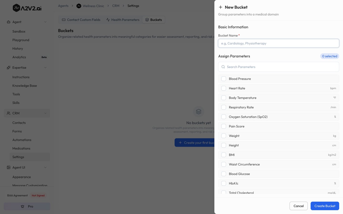 New Bucket drawer with the Bucket Name field and the searchable Assign Parameters checklist