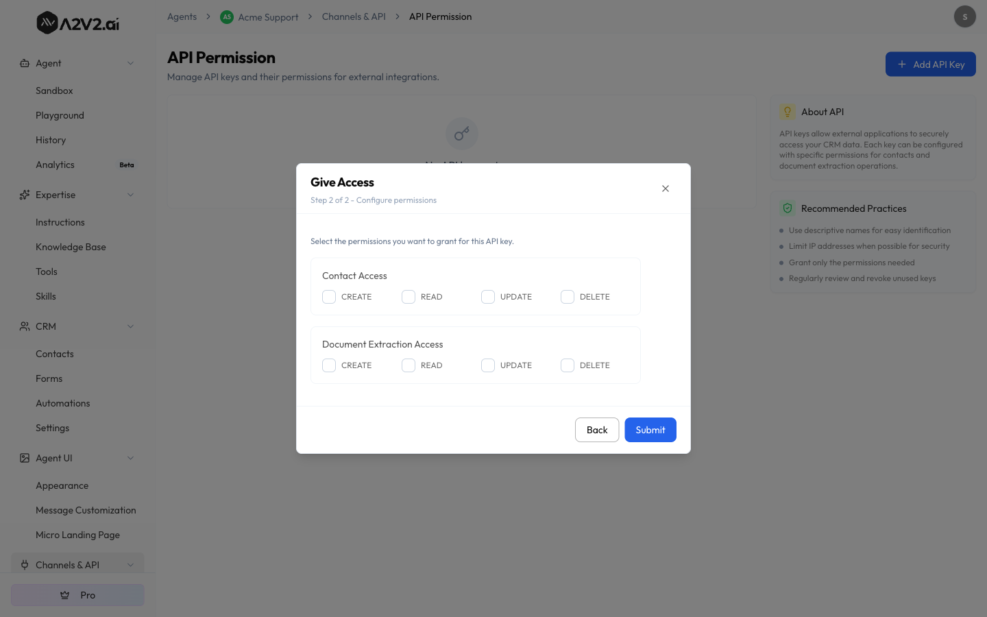 Add API Key step 2 — Contact Access and Document Extraction Access with Create/Read/Update/Delete checkboxes
