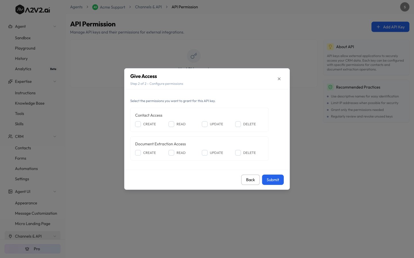 Add API Key step 2 — Contact Access and Document Extraction Access with Create/Read/Update/Delete checkboxes