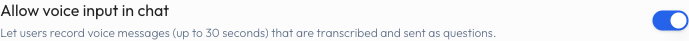Sandbox setting 'Allow voice input in chat' toggled on, with its up-to-30-seconds description
