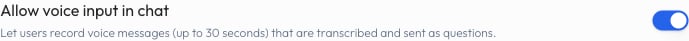 Sandbox setting 'Allow voice input in chat' toggled on, with its up-to-30-seconds description