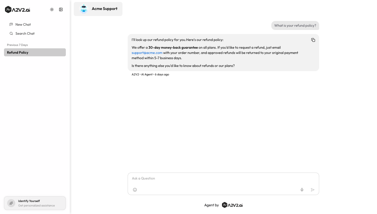A visitor's question and the agent's streamed answer in the hosted chat, with the Copy message control on the answer and the Ask a Question input bar below