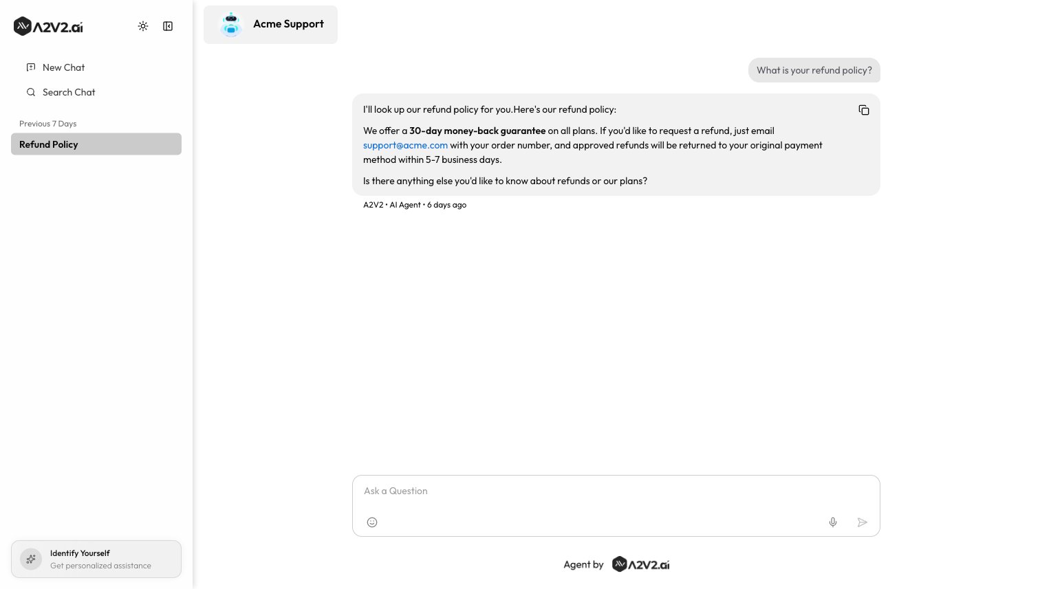 A visitor's question and the agent's streamed answer in the hosted chat, with the Copy message control on the answer and the Ask a Question input bar below
