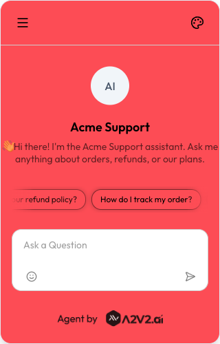 The chat's opening view: the agent avatar and name, a welcome message, and a row of tappable suggested-question chips above the message box