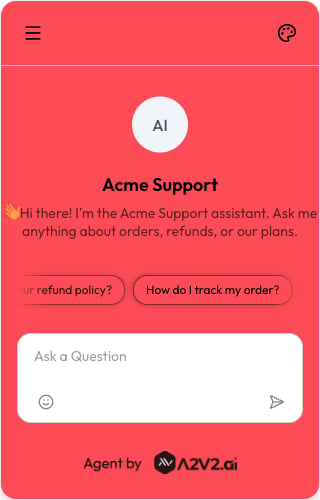 The chat's opening view: the agent avatar and name, a welcome message, and a row of tappable suggested-question chips above the message box