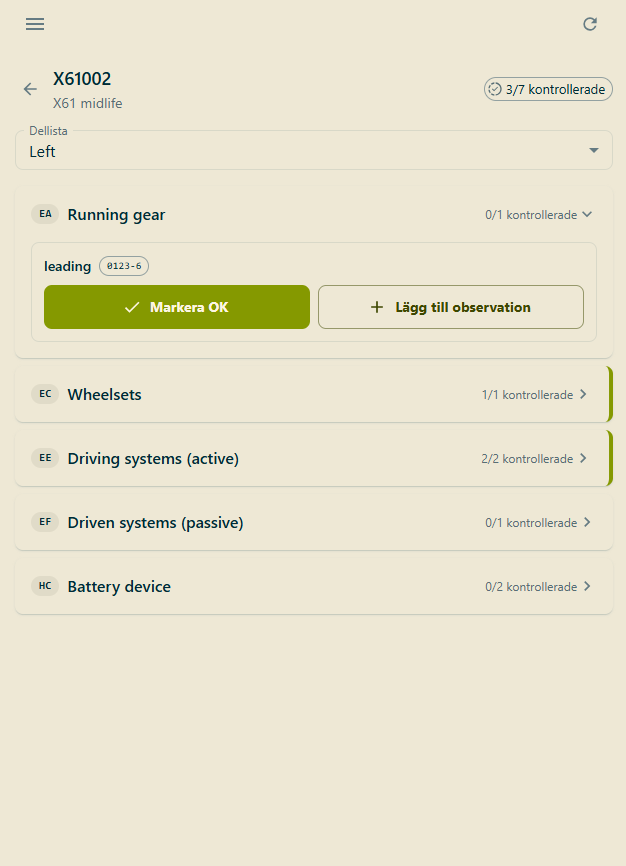 Inspection checklist screen