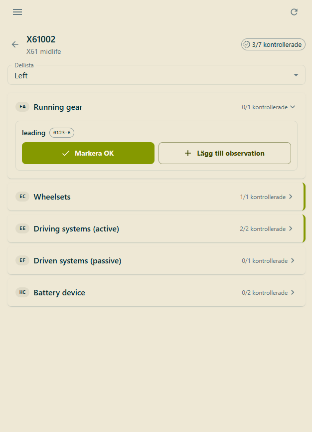 Inspection checklist screen