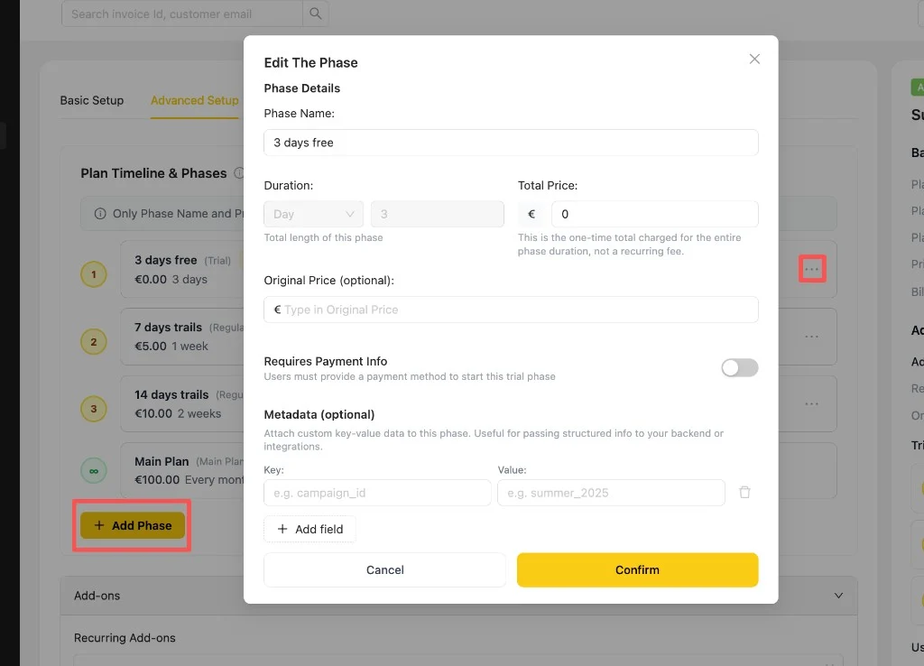 Edit The Phase dialog with Phase Name, Duration, Total Price, Original Price, Requires Payment Info, and Metadata fields