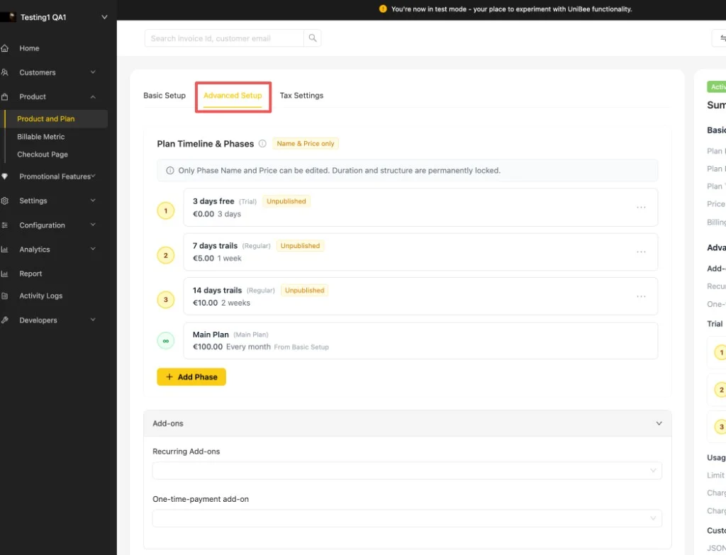 Plan Timeline & Phases in the Advanced Setup tab, showing a trial phase, two introductory phases, and the main plan