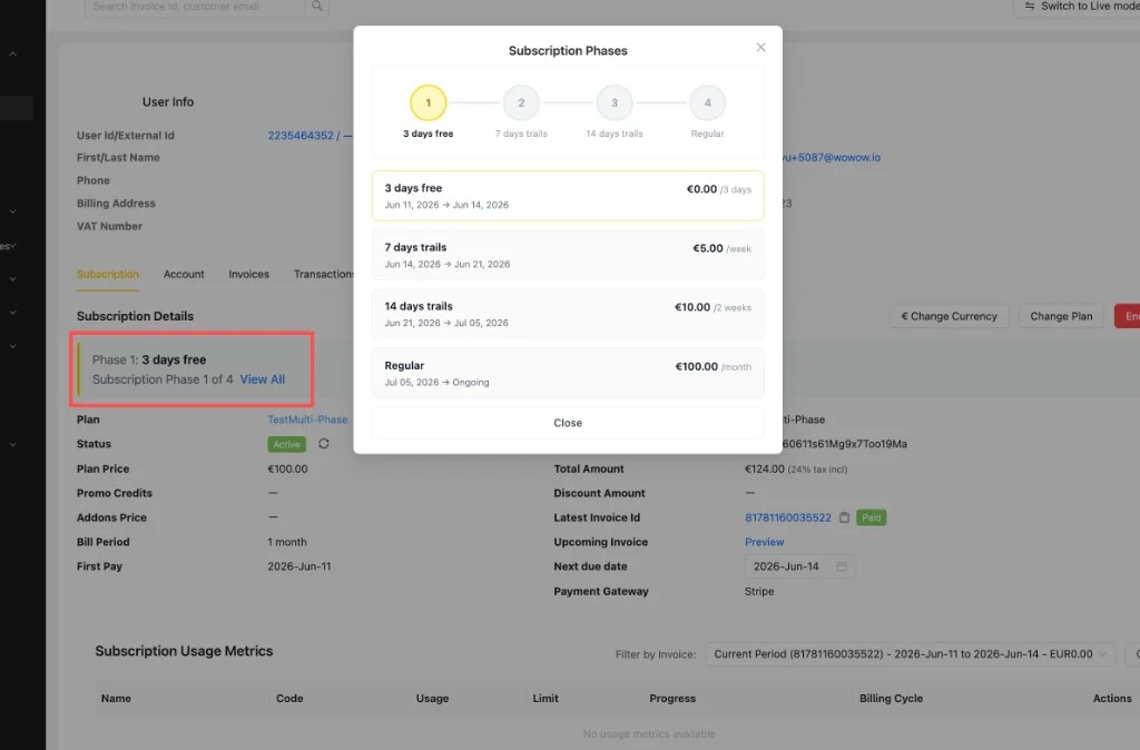 Subscription Details page with the Subscription Phases modal showing the current phase, upcoming phases, dates, and pricing