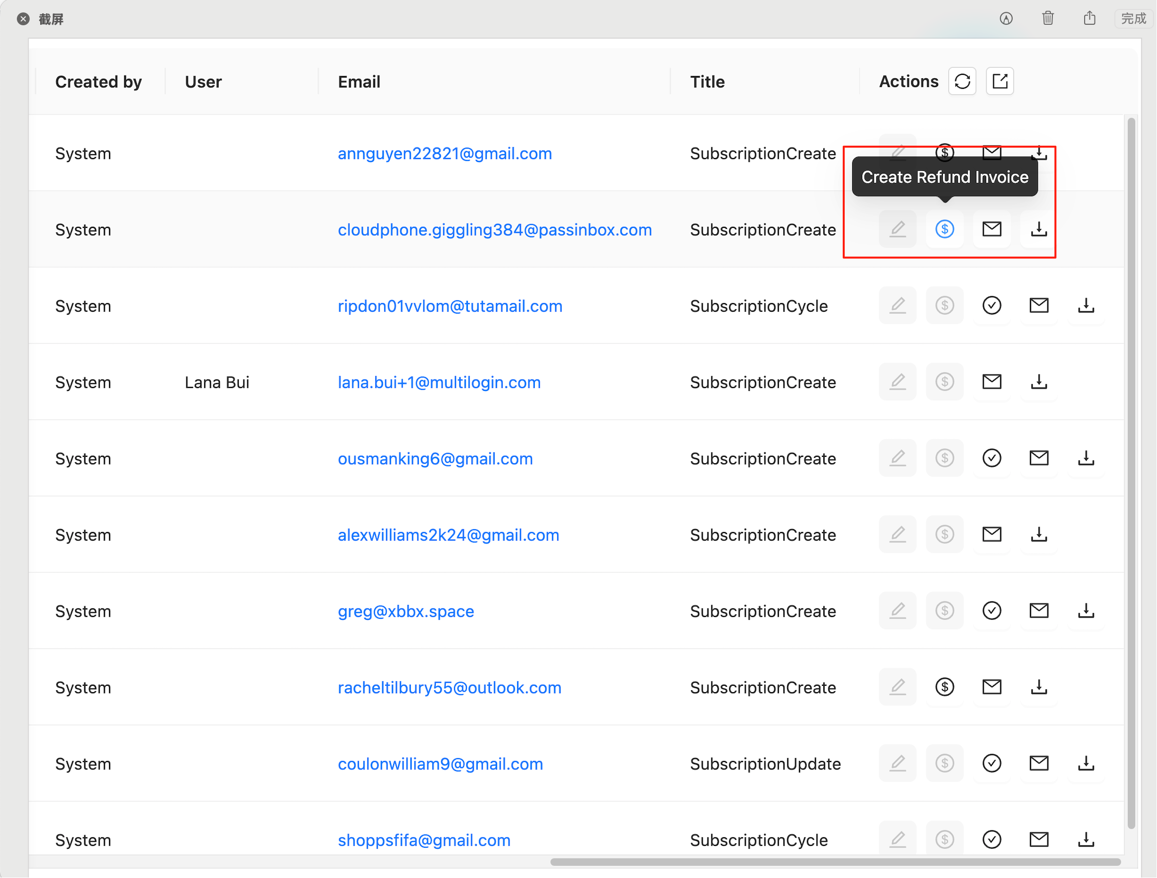 Invoice Actions showing dollar sign icon with Create Refund Invoice tooltip