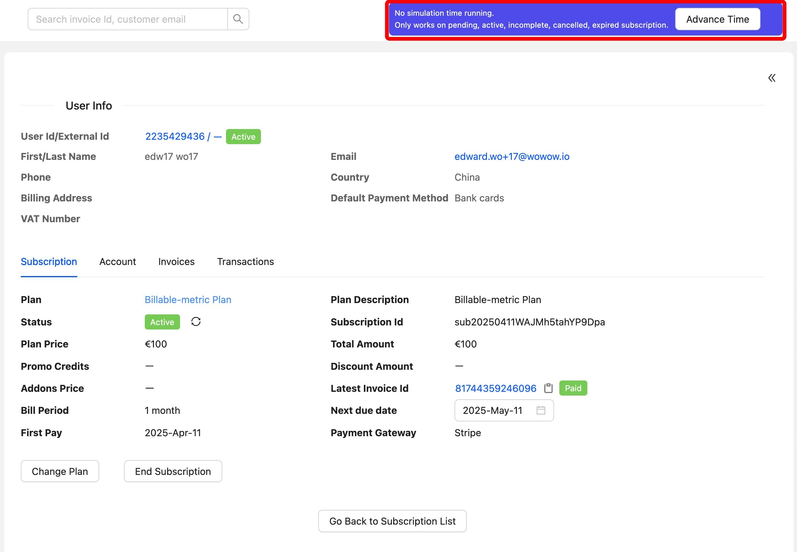 UniBee Simulate Subscriptions Page