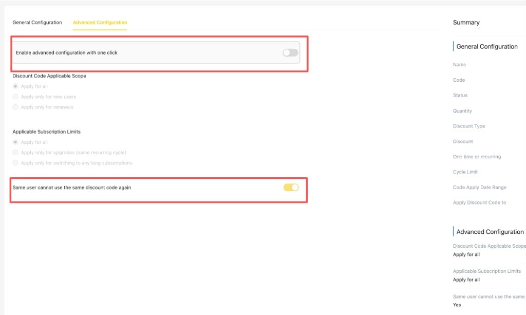 Advanced configuration tab: the "Enable advanced configuration" master switch and the "Same user cannot use the same discount code again" toggle