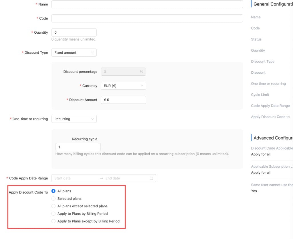 The "Apply Discount Code To" field showing the five plan-scope options, including the two billing-period modes
