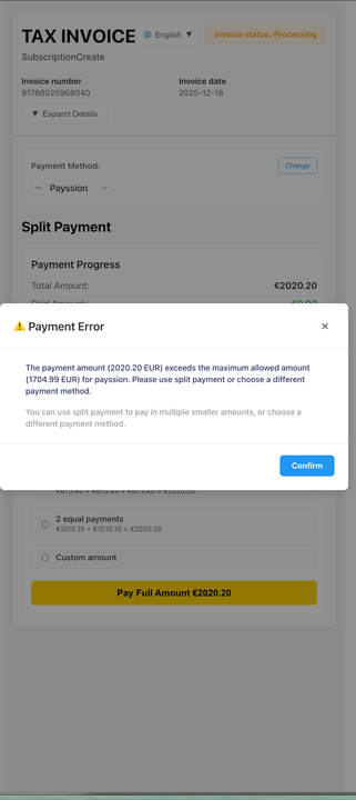 Payment amount exceeds gateway limit