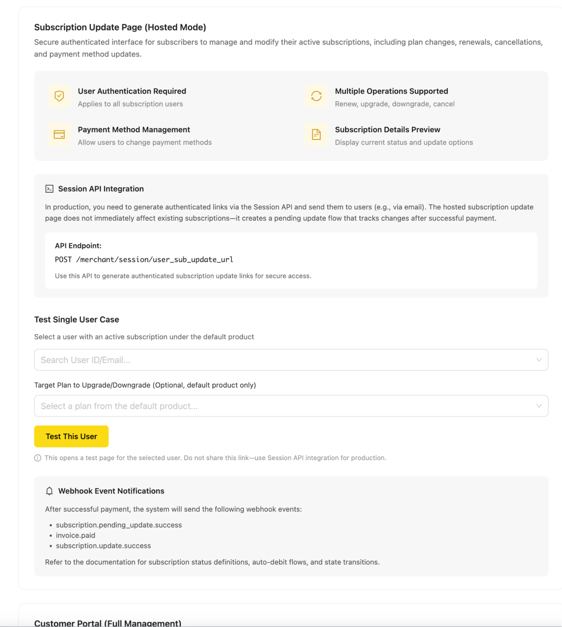 Subsciption update page (Hosted mode)
