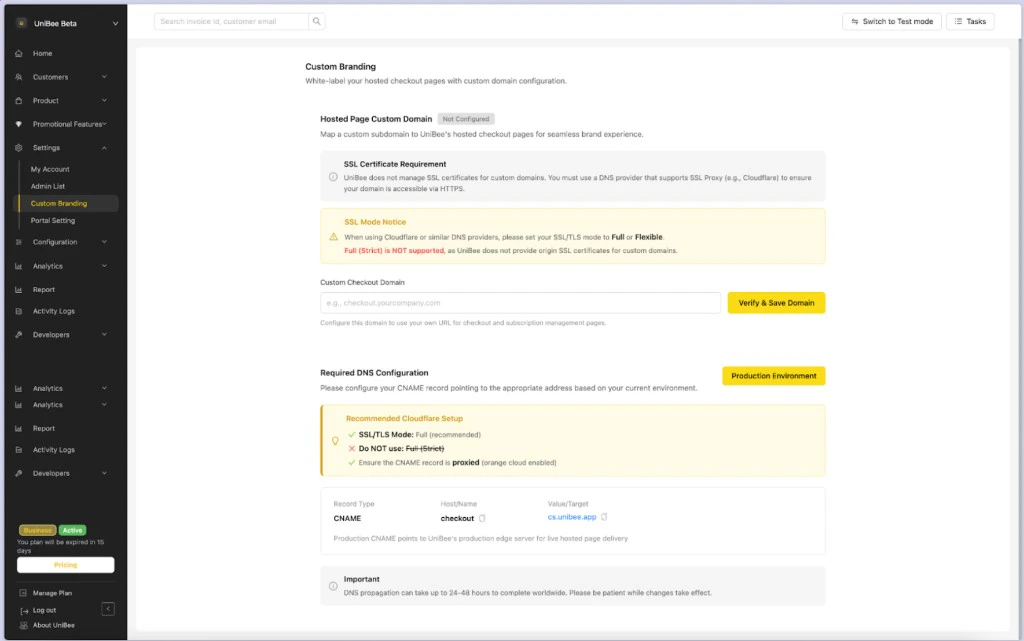 UniBee Checkout Return Config2 Page