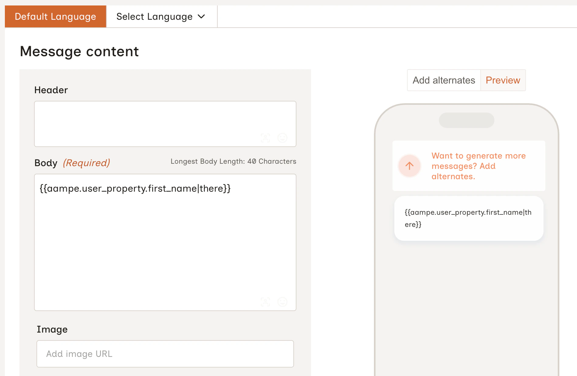 Placeholder typed manually in the message body field