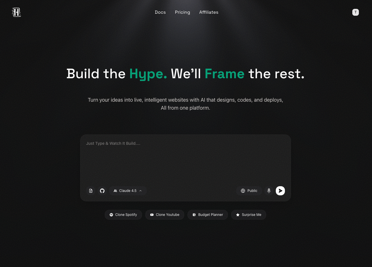 HypeFrame dashboard showing project creation options