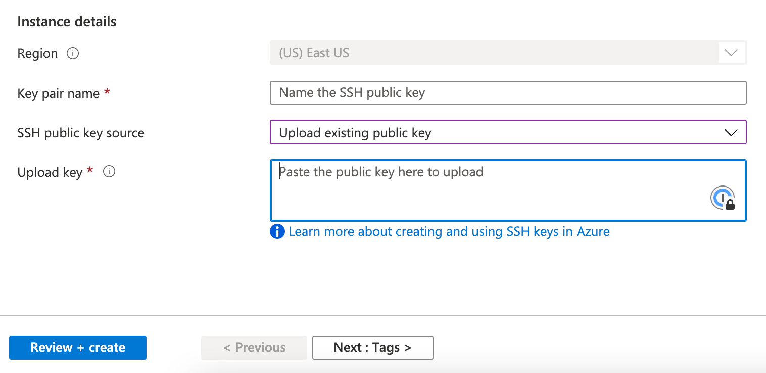 Azure SSH key settings