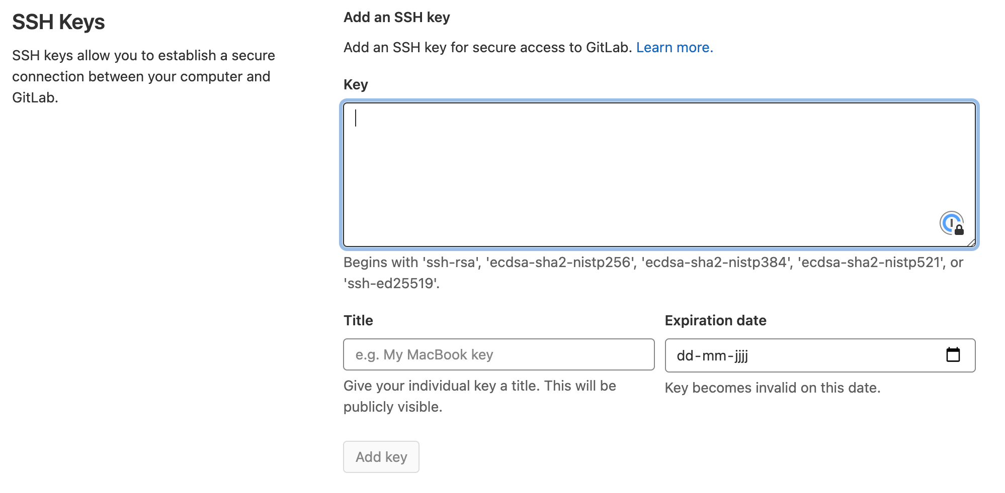 GitLab SSH key settings